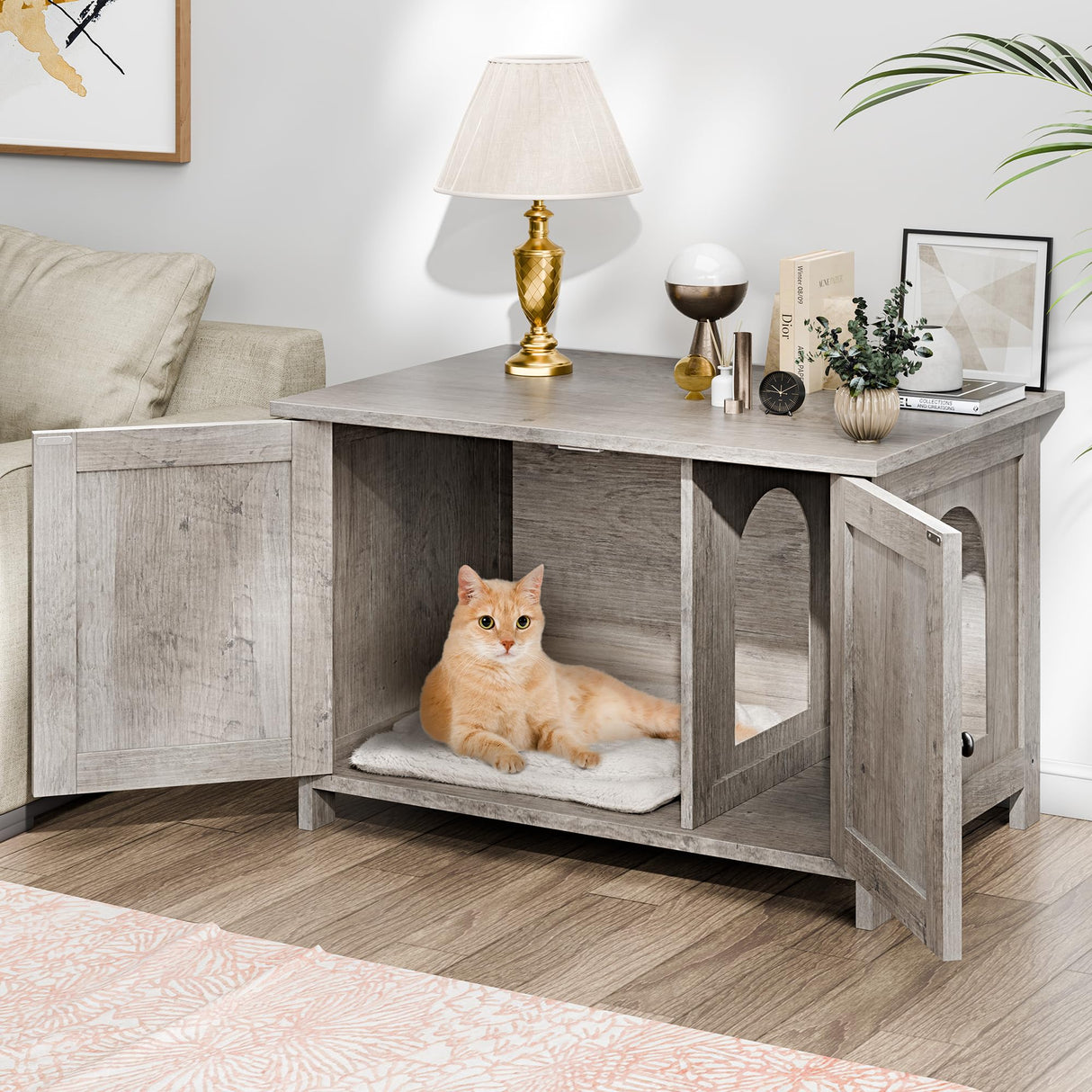 Shintenchi Cat Littler Box Enclosure, Litter Box Furniture Hidden with Removable Divider, Cat House with End Table, Grey Shintenchi