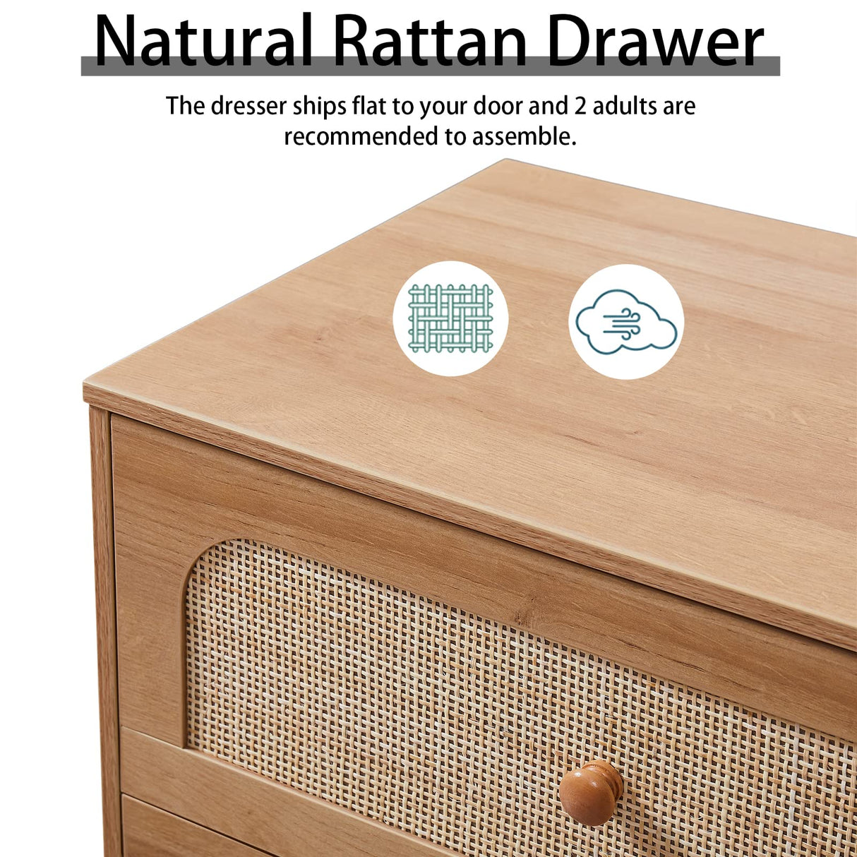 GANLLY Rattan 6 Drawer Dresser for Bedroom, Natural Wood Dresser with Deep Drawers, Wooden Chest of Drawers for Closet with Wide Top, for Living Room, Hallway, Kids Room,Natural GANLLY
