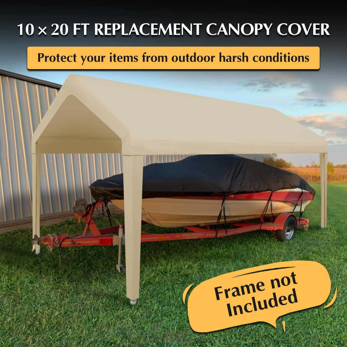 GOTRUTH 10x20 Canopy Replacement Cover, Carport Replacement Canopy Top Cover for 10' x 20' Frame, 800D Heavy Duty Waterproof & UV Protected Car Canopy with Ball Bungees (Frame is not Included) (Beige) GOTRUTH