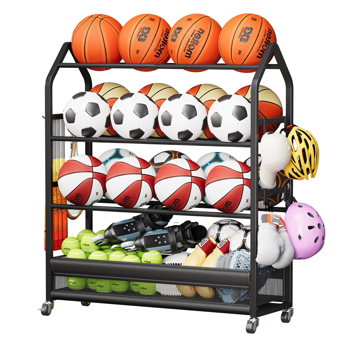 Homeiju Sports Equipment Organizer, Ball Storage Rack, Garage Sports Gear Rack with Wheels and Hooks, Indoor/Outdoor Shelf Rack for Sports Gear, Black Homeiju