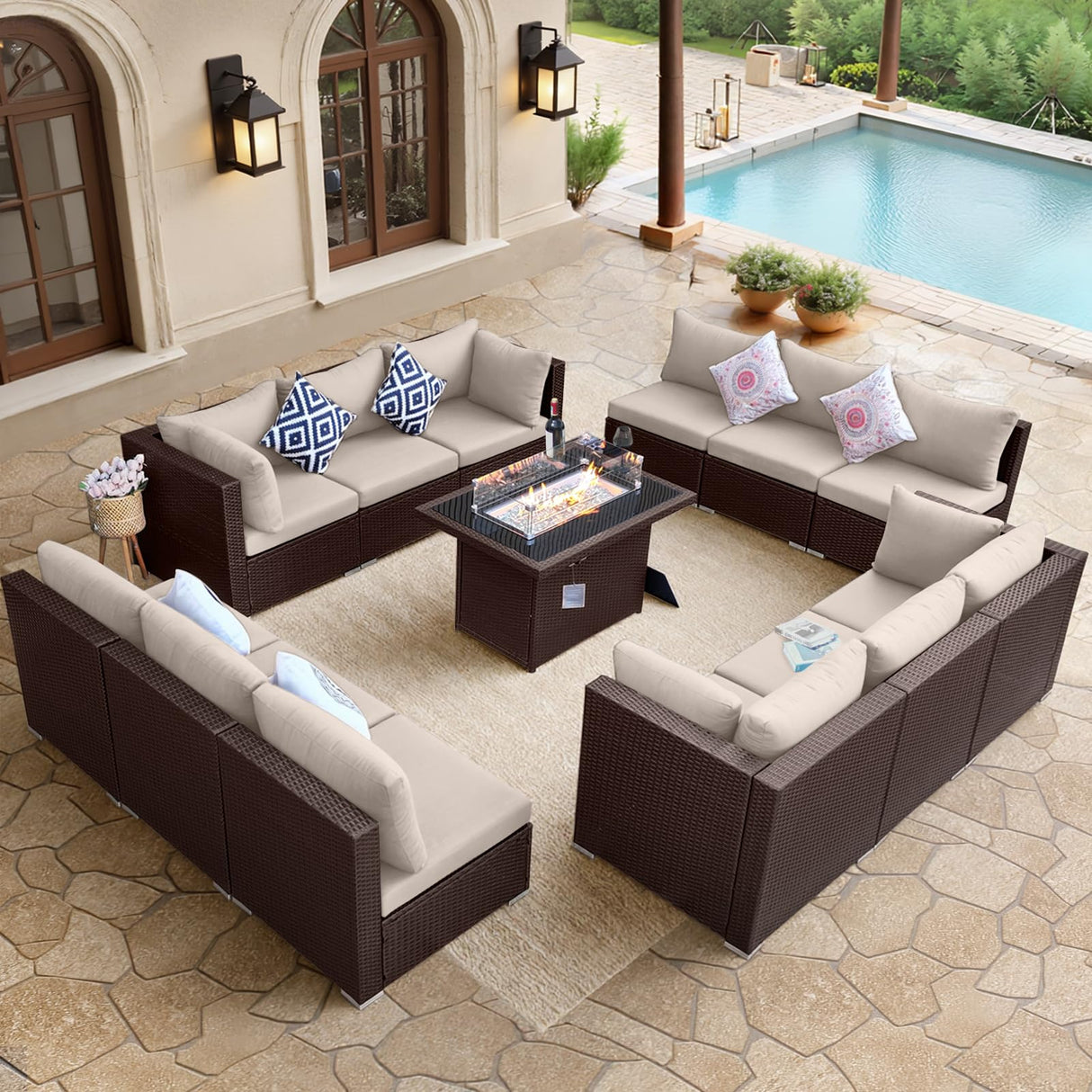 BULEXYARD 13 Piece High Back Wicker Patio Furniture Sets with Fire Pit, All-Weather Heavy Duty Outdoor Seating Set Modular, Extra Deep Wide 12-Person Sectional Couch Sofa for Backyard, Brown & Beige BULEXYARD