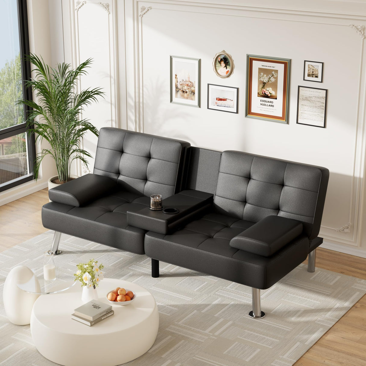 Furmax Futon Sofa Bed Adjustable Futon Couch Sleeper Sofa Bed for Living Room, Business Office, Recliner Sofa with Cup Holders (PU Leather, Black) Furmax