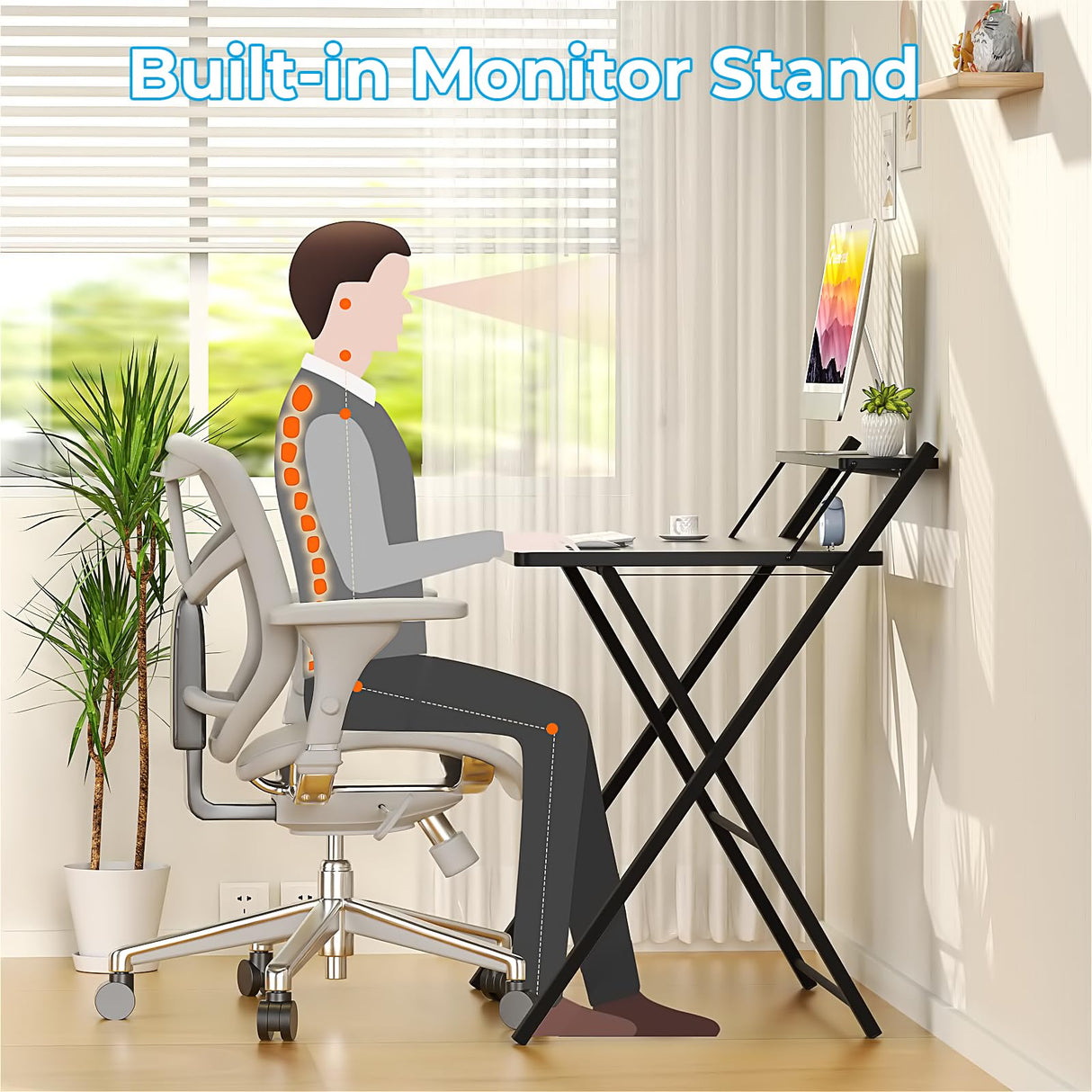 GreenForest Folding Desk No Assembly Required Small Size, 2-Tier Foldable Computer Desk with Shelf for Home Office, Space Saving Portable Laptop Study Foldable Table for Small Spaces, Black GreenForest