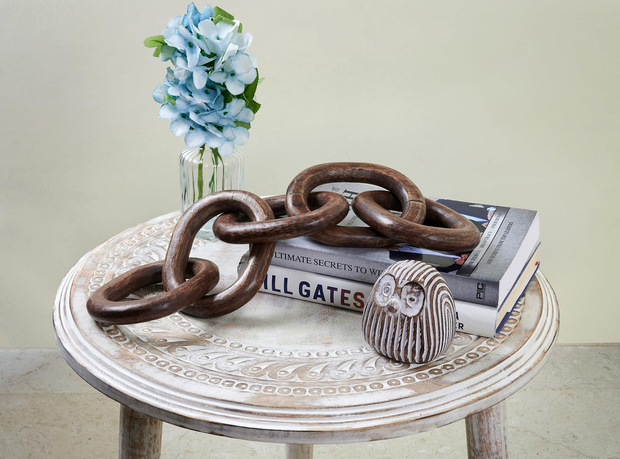 Eximious India Wood Chain Link Decor Hand Carved 5-Link Wood Knot Decorative Chain, Rustic Wood Link Decorative Object Large Wooden Chain for Home Living Room Coffee Table Farmhouse Walnut Eximious India