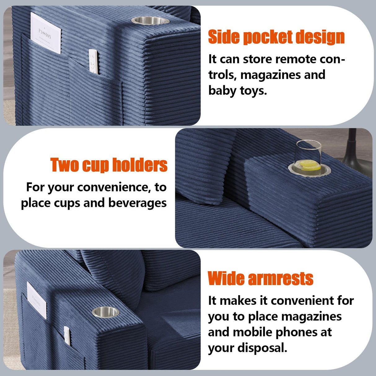 Anwick 2-in-1 Convertible Sleeper Sofa Bed, Corduroy Boneless Loveseat Cloud Couch for Living Room, Compressed Sofa in a Box, 5 Pillows, Fixed Frames, Side Pockets & Cup Holders, No Assembly (Blue) Anwick