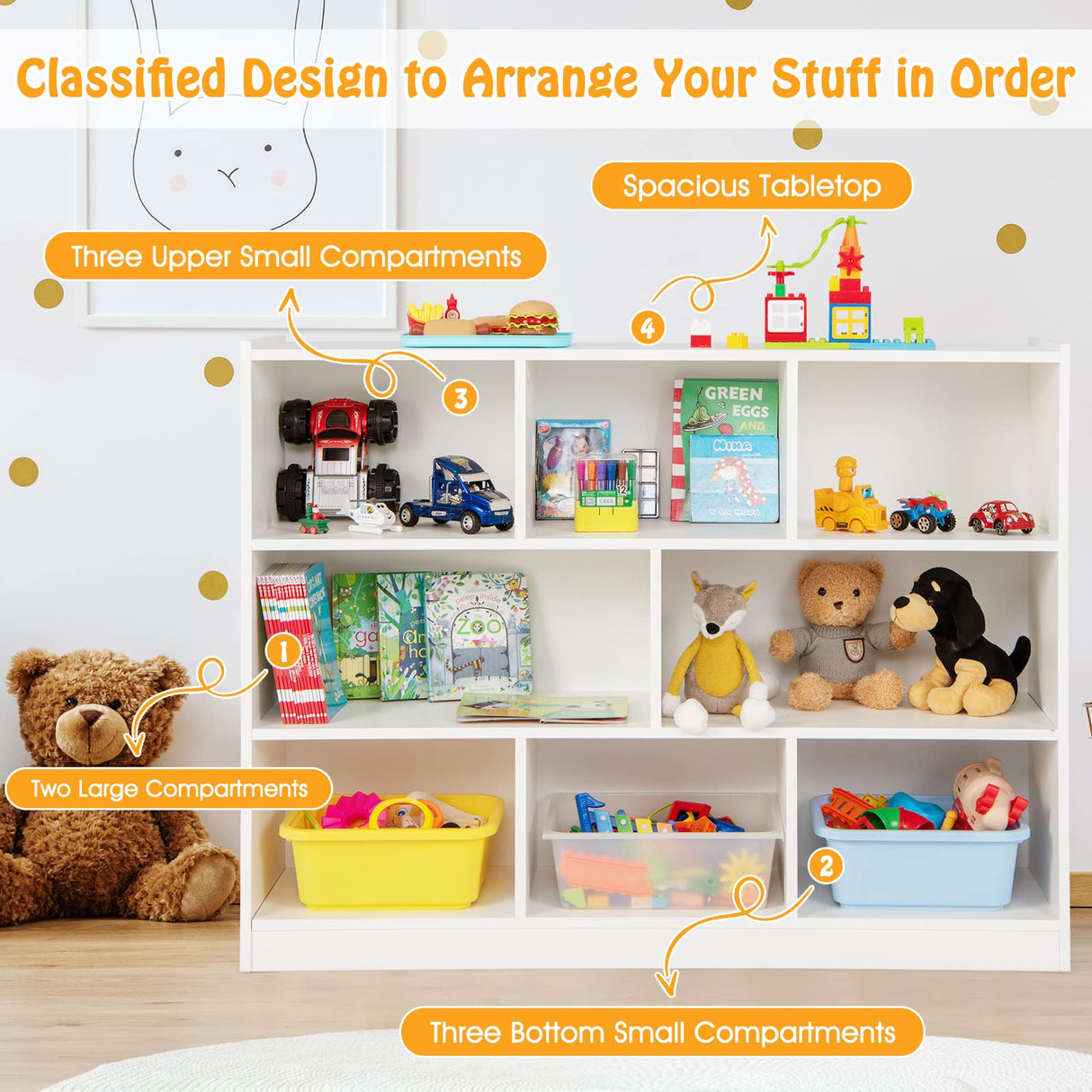 KOTEK 8-Cubby Wooden Kids Bookshelf - Versatile Toy Storage Organizer for Nursery, Playroom, and Classroom KOTEK