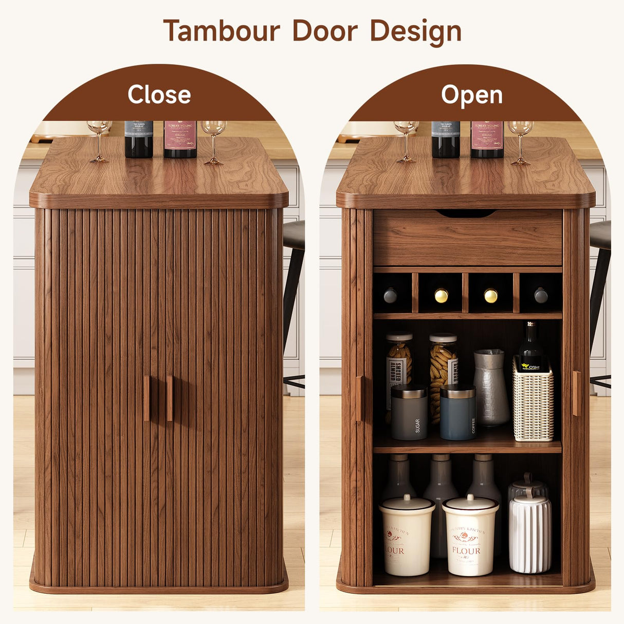 ONBRILL 59 Inch Kitchen Island with Storage, Fluted Counter Height Table, Mid-Century Modern Kitchen Island Table with Sliding Door, Home Bar Tables with Wine Rack and Drawers Walnut ONBRILL