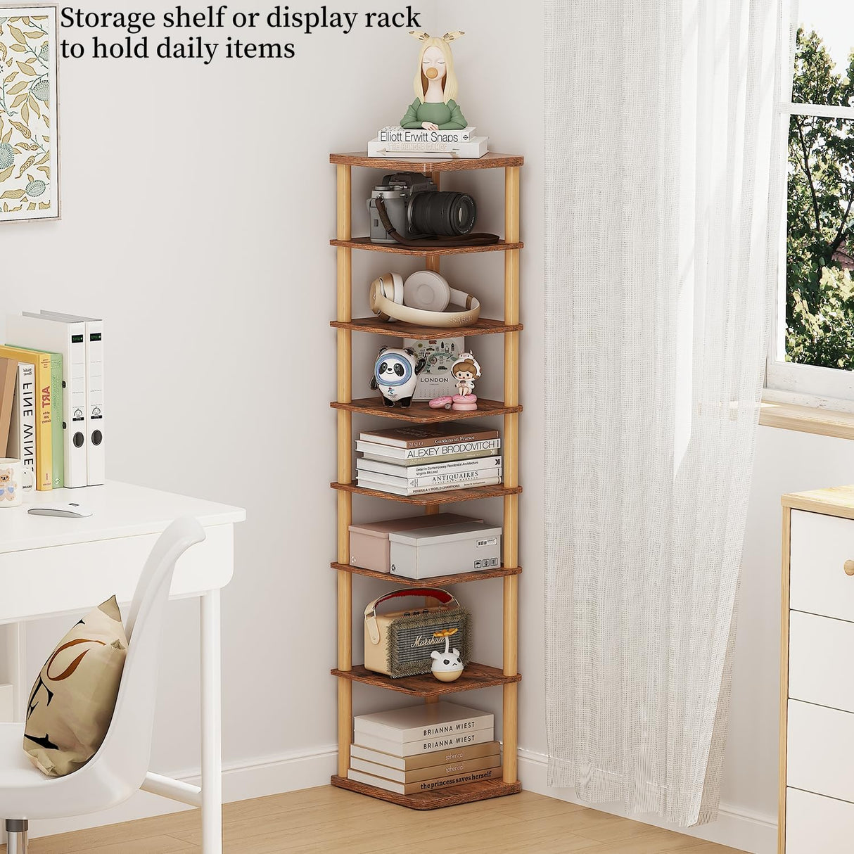 LUCKNOCK Vertical Shoe Rack, 8-Tier Tall Narrow Shoe Organizer for Entryway, Closet, Dorm & Small Spaces, Freestanding Wooden Shoe Shelf Tower for Boots, Sneakers, Heels. (Rustic Brown) LUCKNOCK