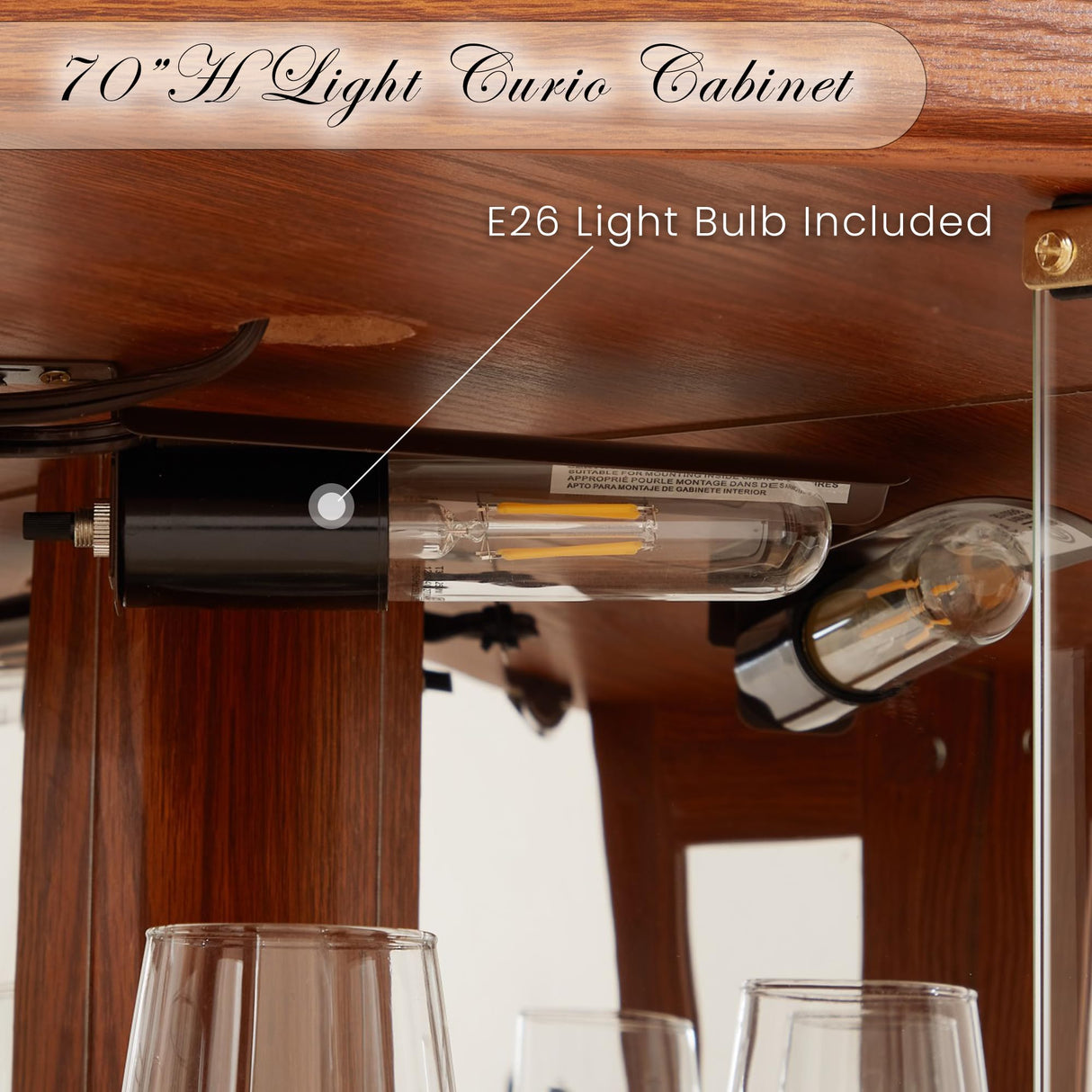 CKEASEAN Corner Curio Cabinet, 70" H Lighted Glass Display Cage with Tempered Glass Doors and Adjustable Shelves, Bulb Inclued, Wine Bar China Cabinet for Living Room Liquor Storage (Dark Oak) CKEASEAN