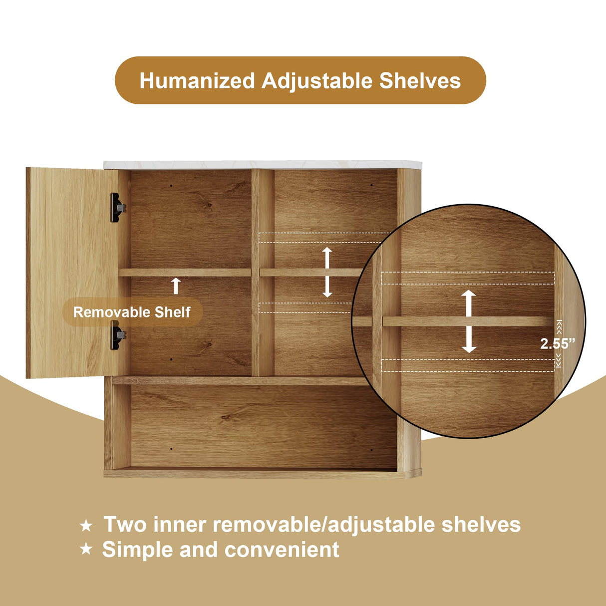 FerniTry Bathroom Cabinet Wall Mounted Fluted, Modern Medicine Cabinet Over The Toilet Storage Cabinet Faux Marble Top with Adjustable Shelf, Wood Wall Mounted Storage Cabinet Organizer(Natural Oak) FerniTry