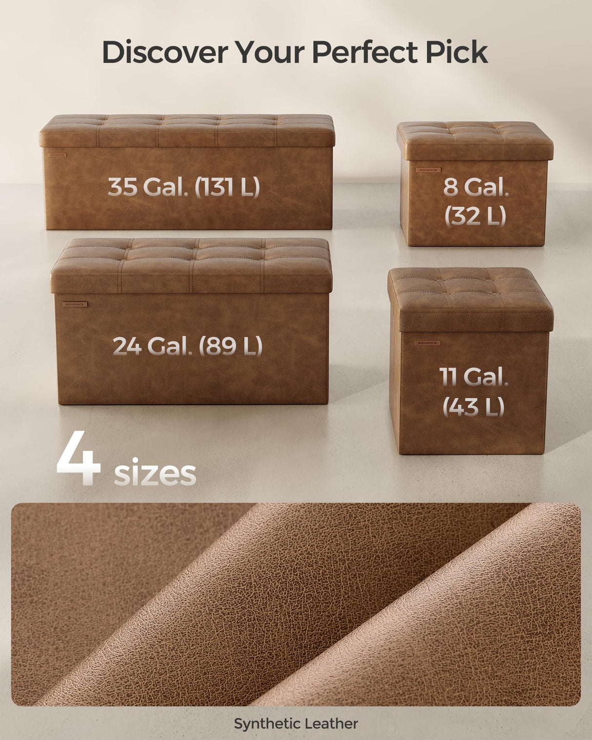 SONGMICS Mazie Collection - 43 Inches Folding Storage Ottoman Bench, Ottoman with Storage, Foot Rest Stool, Load 660 lb, Living Room, Bedroom, Entryway, Synthetic Leather, Coffee Brown ULSF070K01 SONGMICS