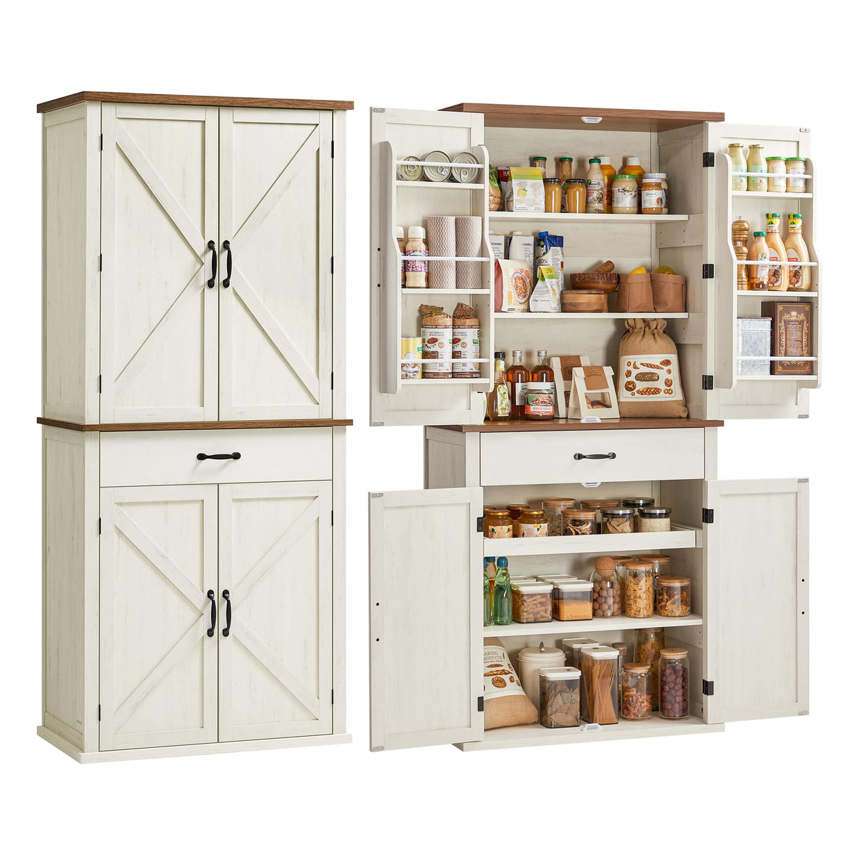VASAGLE LIRY Collection - Pantry Cabinet, 70.3-Inch Tall Farmhouse Kitchen Storage Cabinet with Barn Doors, Drawer, Tray, Adjustable Shelves, for Kitchen, Dining Room, Rustic White UBBK364W01 VASAGLE