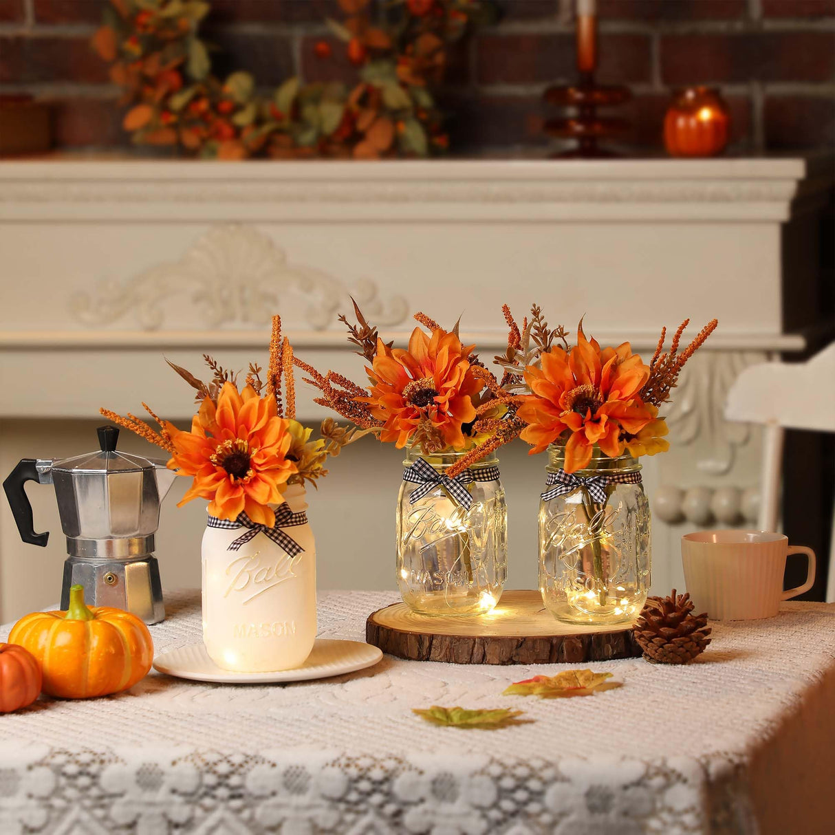 Thanksgiving Mason Jar Centerpiece for Table with LED Lights & Artificial Flowers, Set of 3 Mason Jars Farmhouse Painted Decorative Jars for Fall Home Decor Kitchen Table Centerpiece SUPREME LIGHTS ·2017·