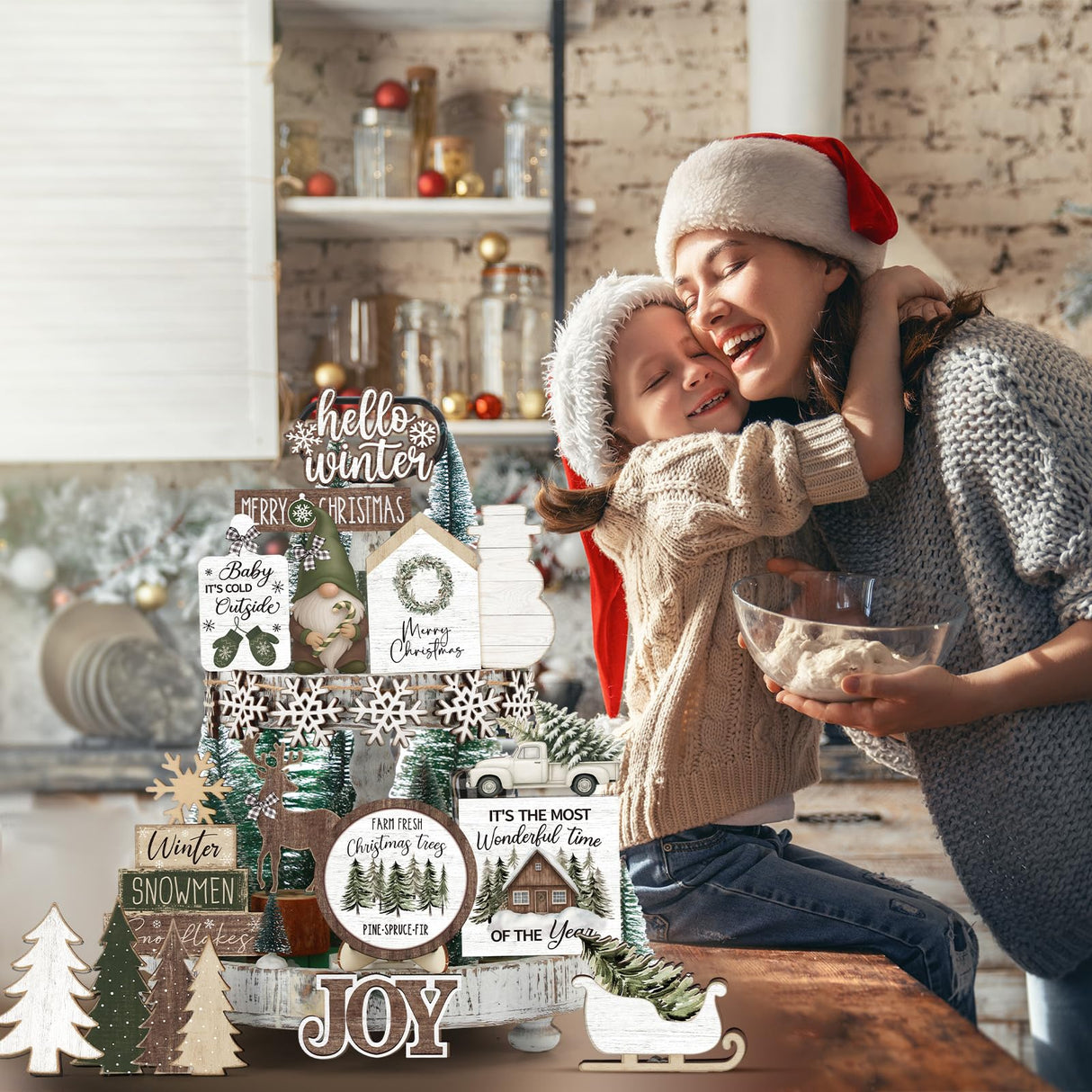 Vercraft Holiday Tiered Tray Decor Christmas Tiered Tray Decorations Set Truck Wooden Signs Farmhouse Table Decorations for Home Table Shelf Vercraft