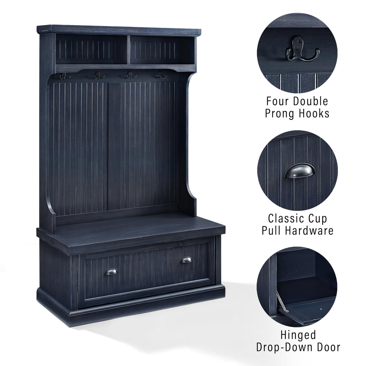 Crosley Furniture Seaside Hall Tree with Shoe Rack Bench and Coat Hooks for Hanging Storage, Distressed Navy Crosley Furniture