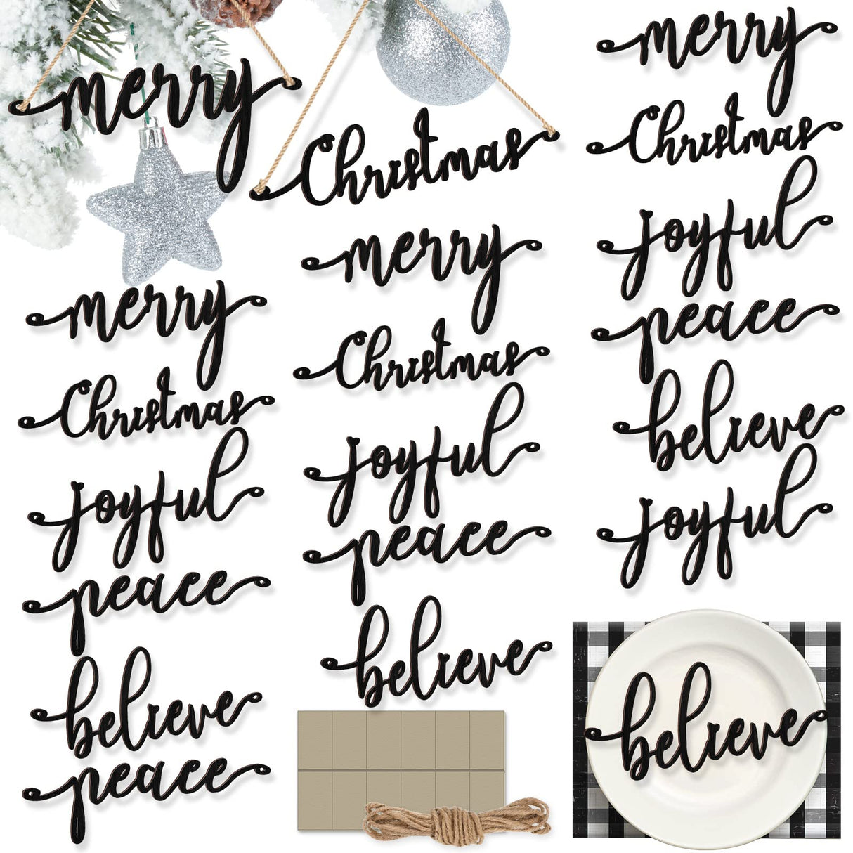 20 Pcs Merry Christmas Sign Xmas Wooden Cutout Letter Plate Ornaments Rustic Merry Sign Christmas Wooden Sign Table Decors Joyful Peace Believe Cutout Plates Ornament for Home Christmas(Black) Jetec