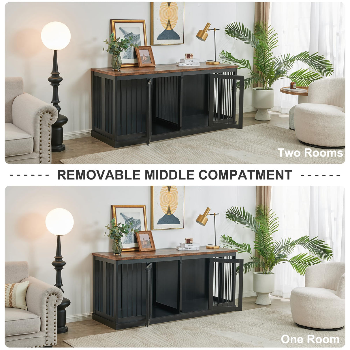 70.9'' Double Dog Crate Furniture, Furniture Style Dog Crate Table, Wood Crates for Dogs Kennel Indoor with Removable Divider, XXL Heavy Duty Decorative Dog Crate Table for 2 Dogs (Black) MAOVUIO