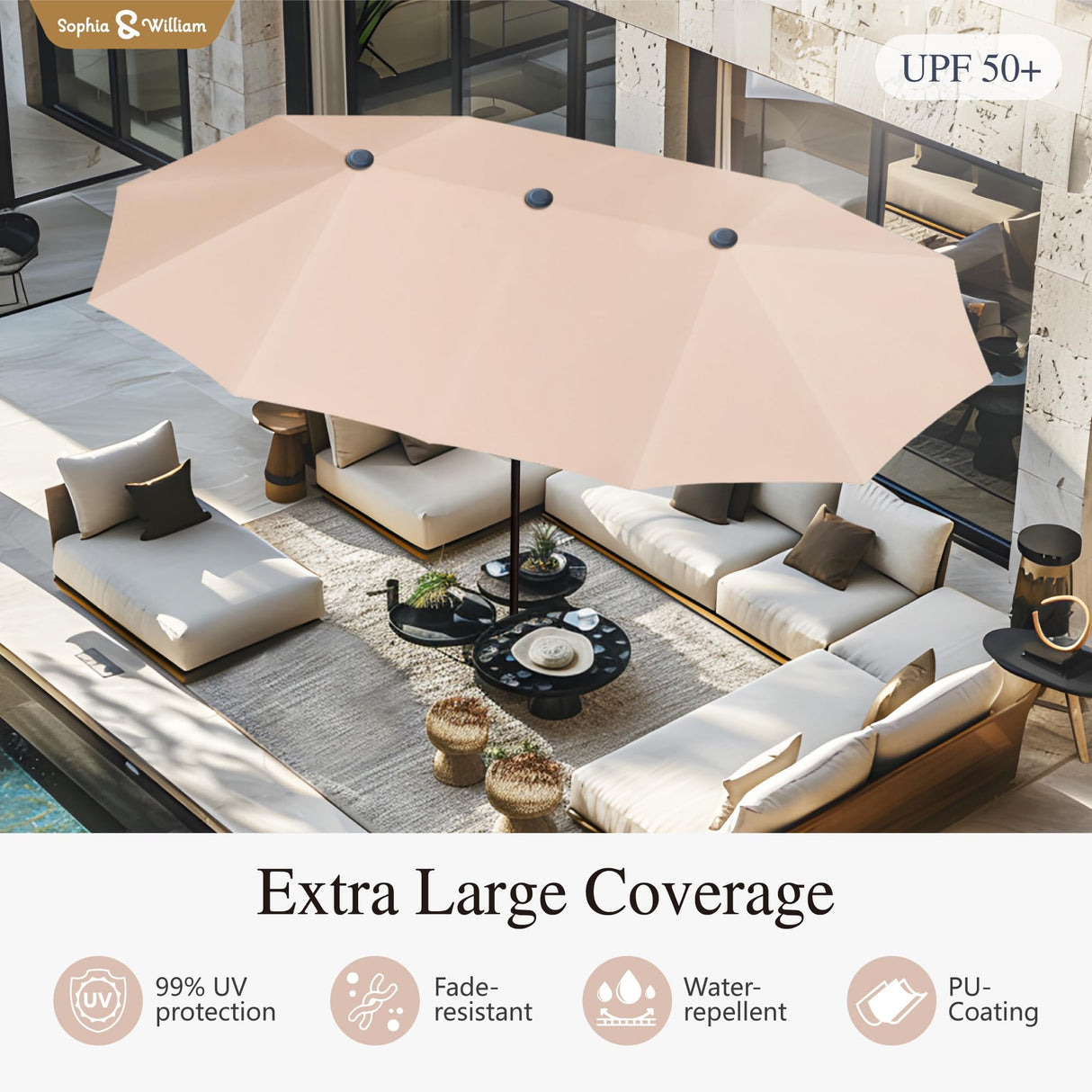 Sophia and William Patio Dining Set for 6 with 13ft Double-Sided Patio Umbrella, 8 Piece Metal Outdoor Table Furniture Set, 6 Outdoor Chairs, 1 Rectangle Dining Table and 1 Large Beige Umbrella Sophia & William