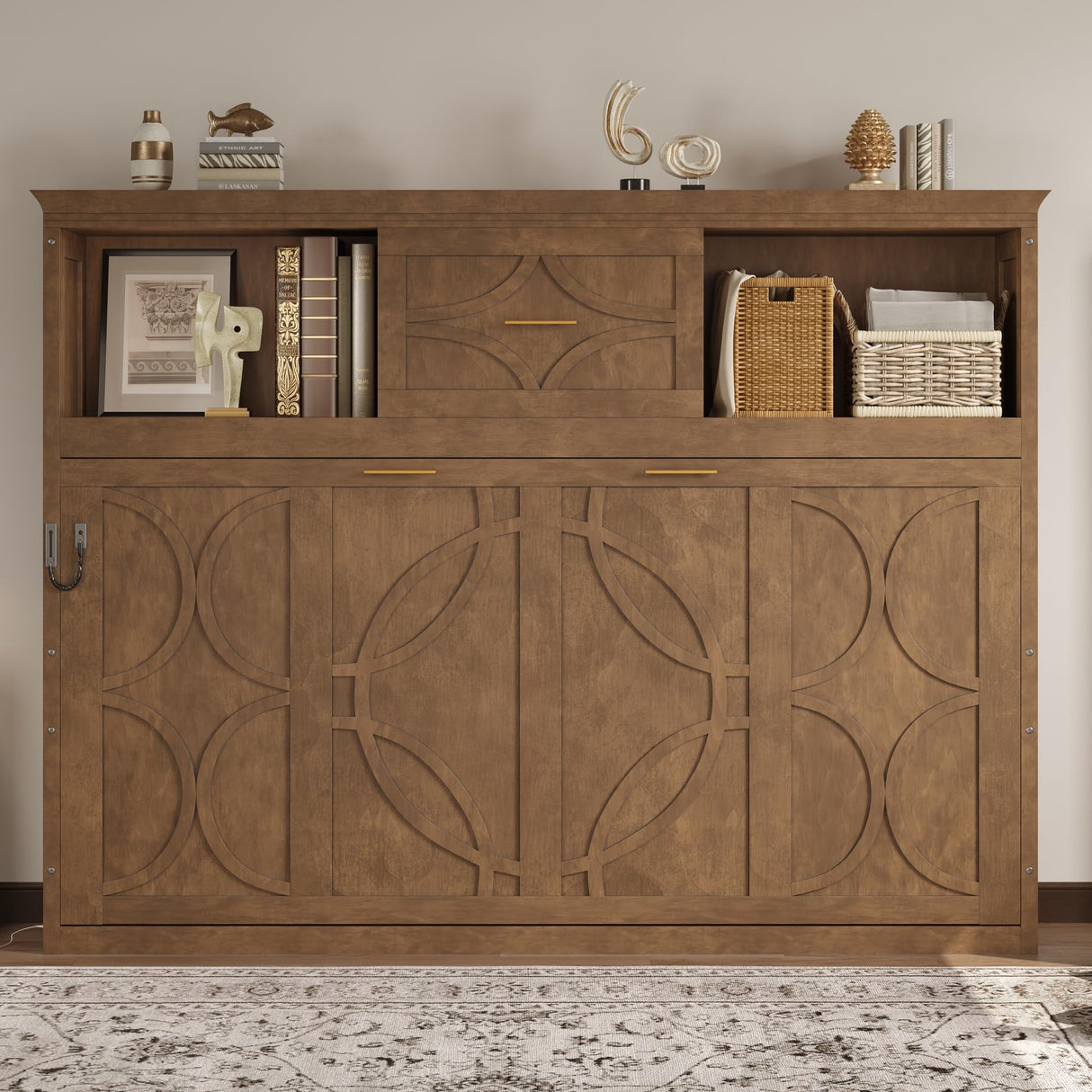 Harper & Bright Designs Twin Size Murphy Bed, Wood Murphy Bed Wall Bed with Charging Station, Shelves and a Drawer, Wood Harper & Bright Designs