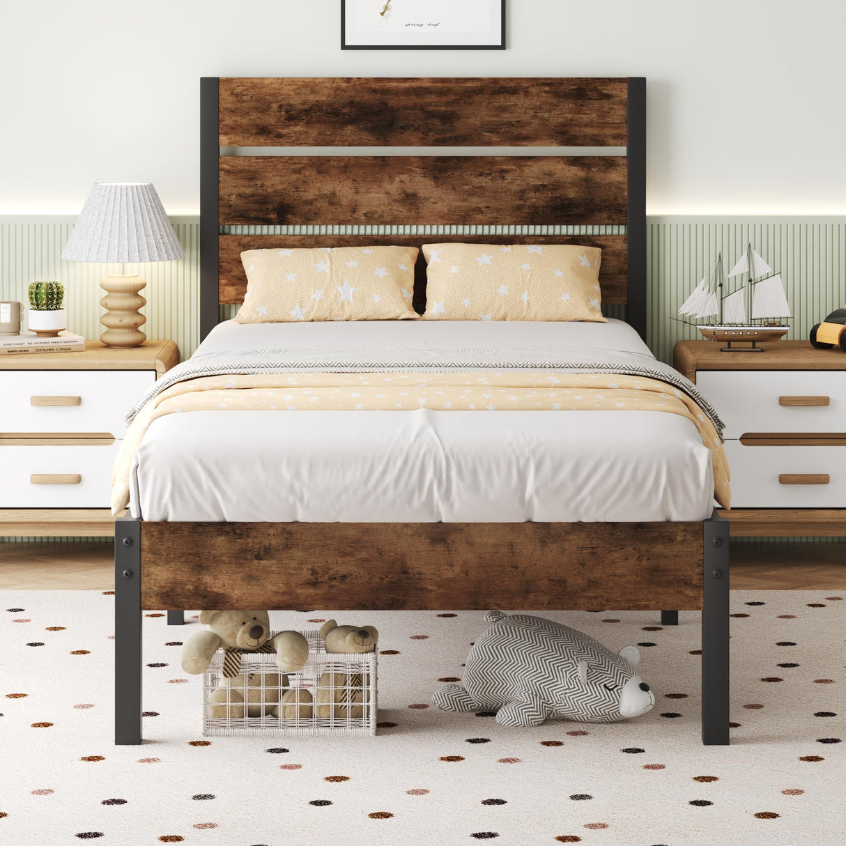 Lifezone Twin Bed Frame with Headboard and Footboard, Metal Twin Bed Frame with Under-Bed Storage, All-Metal Support System, No Box Spring Needed, Easily Assemble, Vintage Brown Lifezone