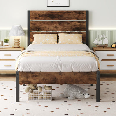 Lifezone Twin Bed Frame with Headboard and Footboard, Metal Twin Bed Frame with Under-Bed Storage, All-Metal Support System, No Box Spring Needed, Easily Assemble, Vintage Brown