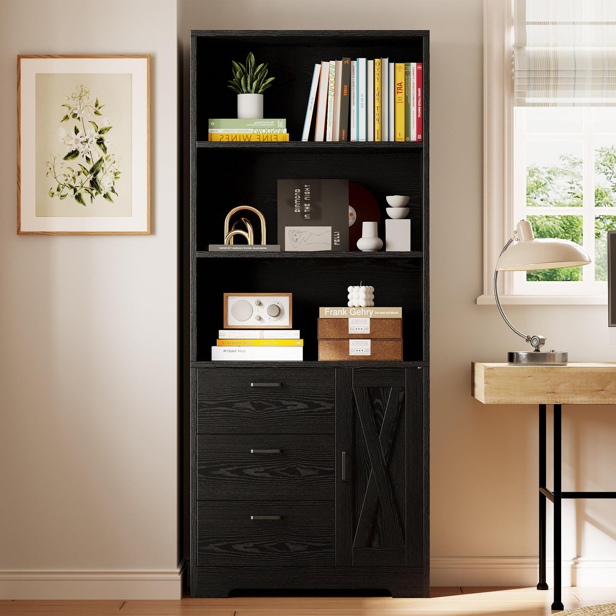 IRONCK Bookshelf with Door and 3 Drawers, 71in Tall Bookcase Shelf with 3-Tier Shelves, for Bedroom Living Room Entrance Hallway Home Office IRONCK