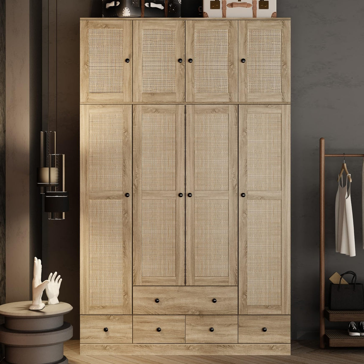 Hitow Ratten Wardrobe Cabinet Armoire Closet, 8 Door Rattan Closet Wardrobe Cabinet with 5 Drawers & Hanging Rod, Storage Wardrobe Armoire Dresser for Bedroom Organizer (18.8" D x 59" W x 70.8" H) Hitow
