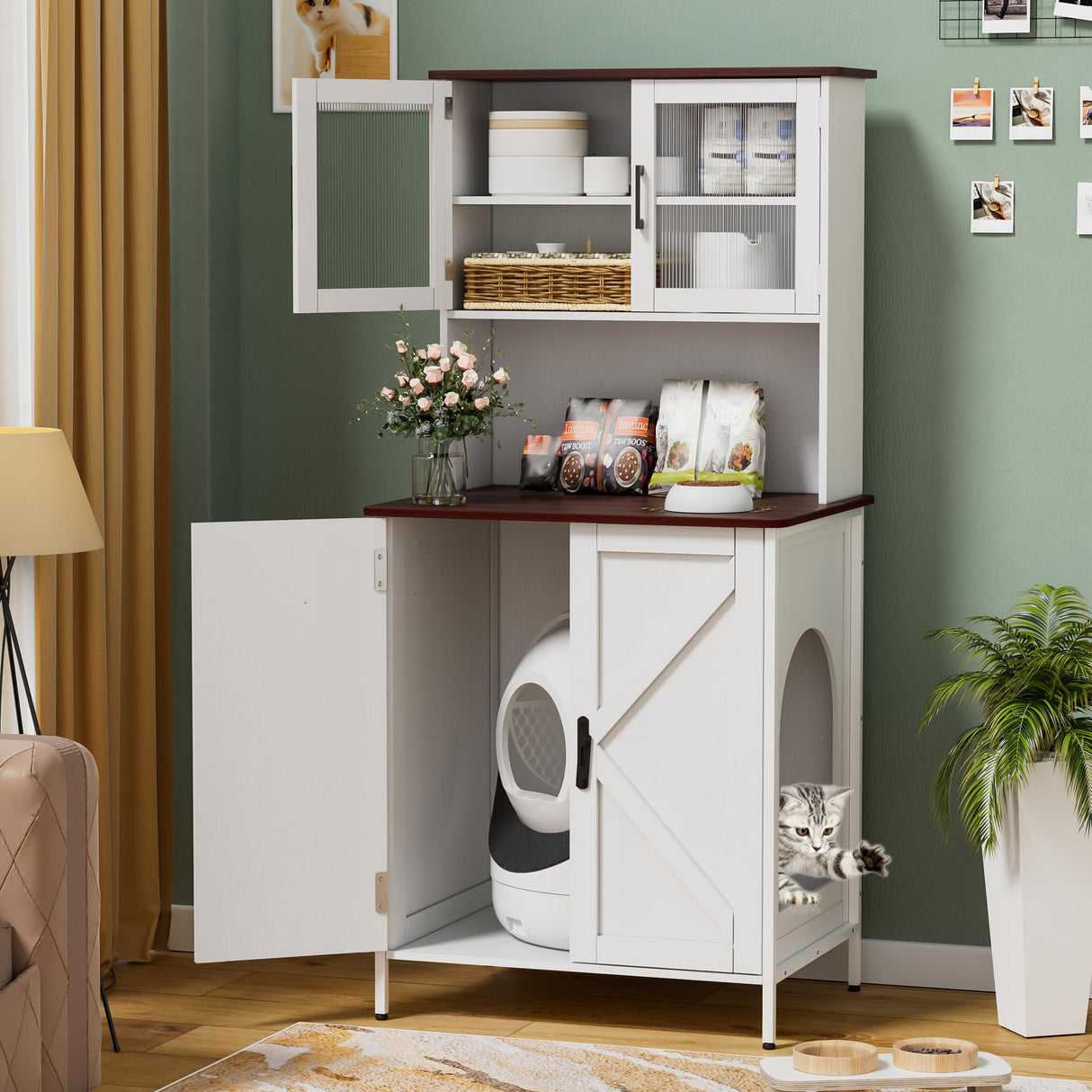 PakaLife Cat Litter Box Enclosure Furniture for Self-Cleaning Cat Litter Box, Wood Cat Washroom Furniture with Cabinet, Litter Box Furniture with Shelves and Doors for Large Smart Litter Box PakaLife