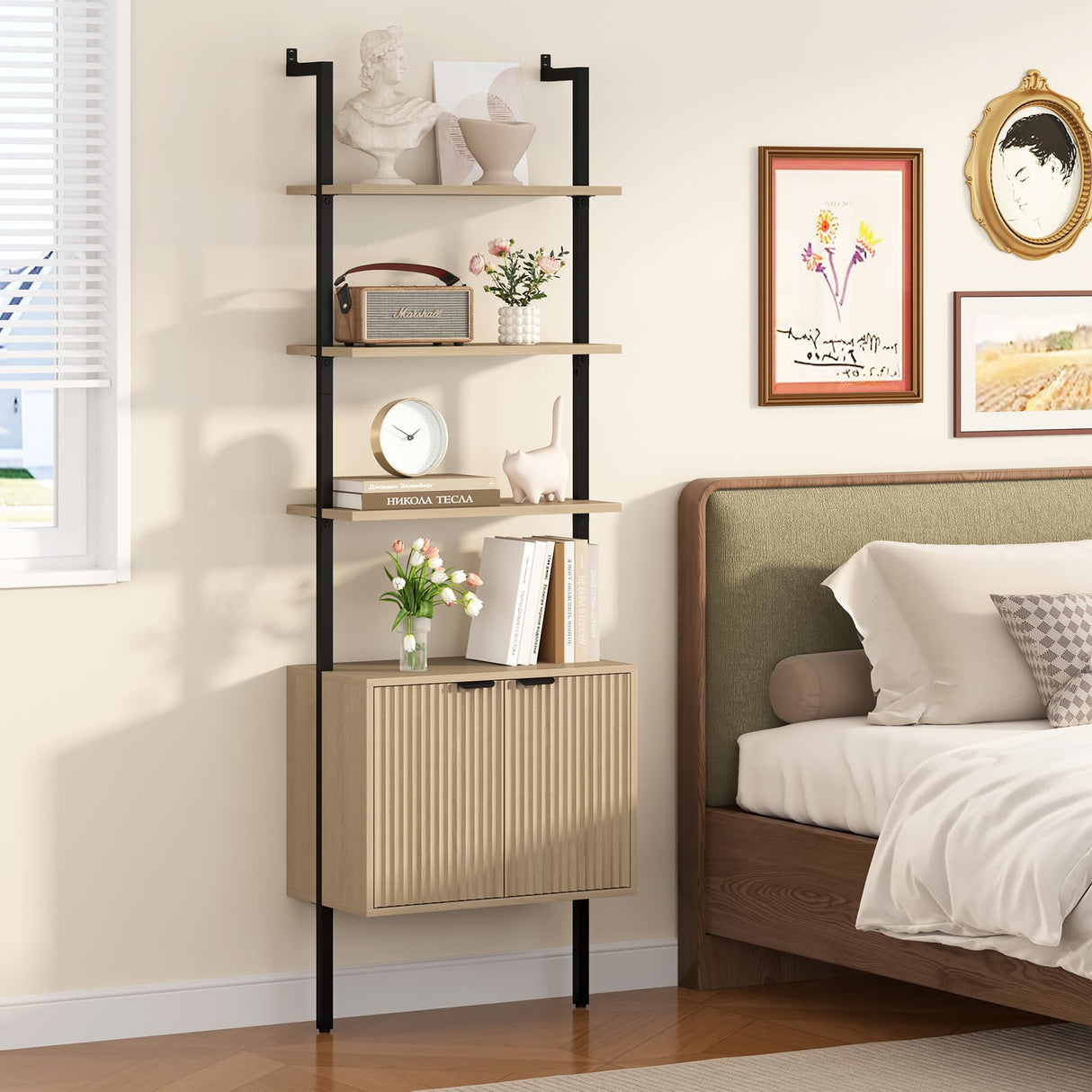 Yusong 73" Tall Bookshelf with Cabinet, Industrial Ladder Wall Mount Shelf Bookcase with Wood and Metal Frame, Plant Shelf Wall Storage Display for Living Room Bedroom, Wavy Light Ivory Yusong