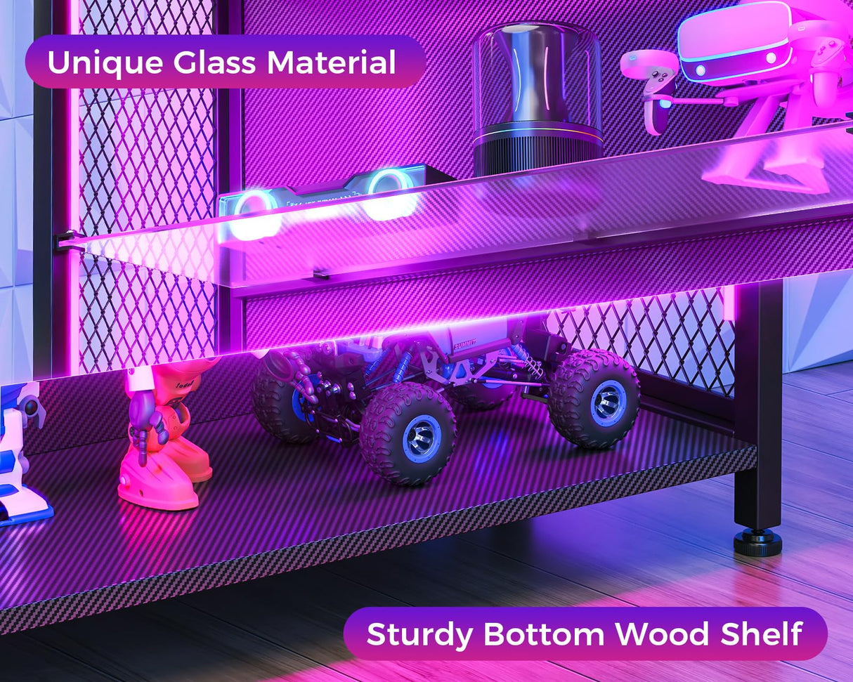 MOTPK Display Cabinet with LED Lights, Display Case with Glass Storage Shelves, 4-Tiers Curio Cabinet for Collectibles, Display Shelf Carbon Fiber Texture, Black MOTPK