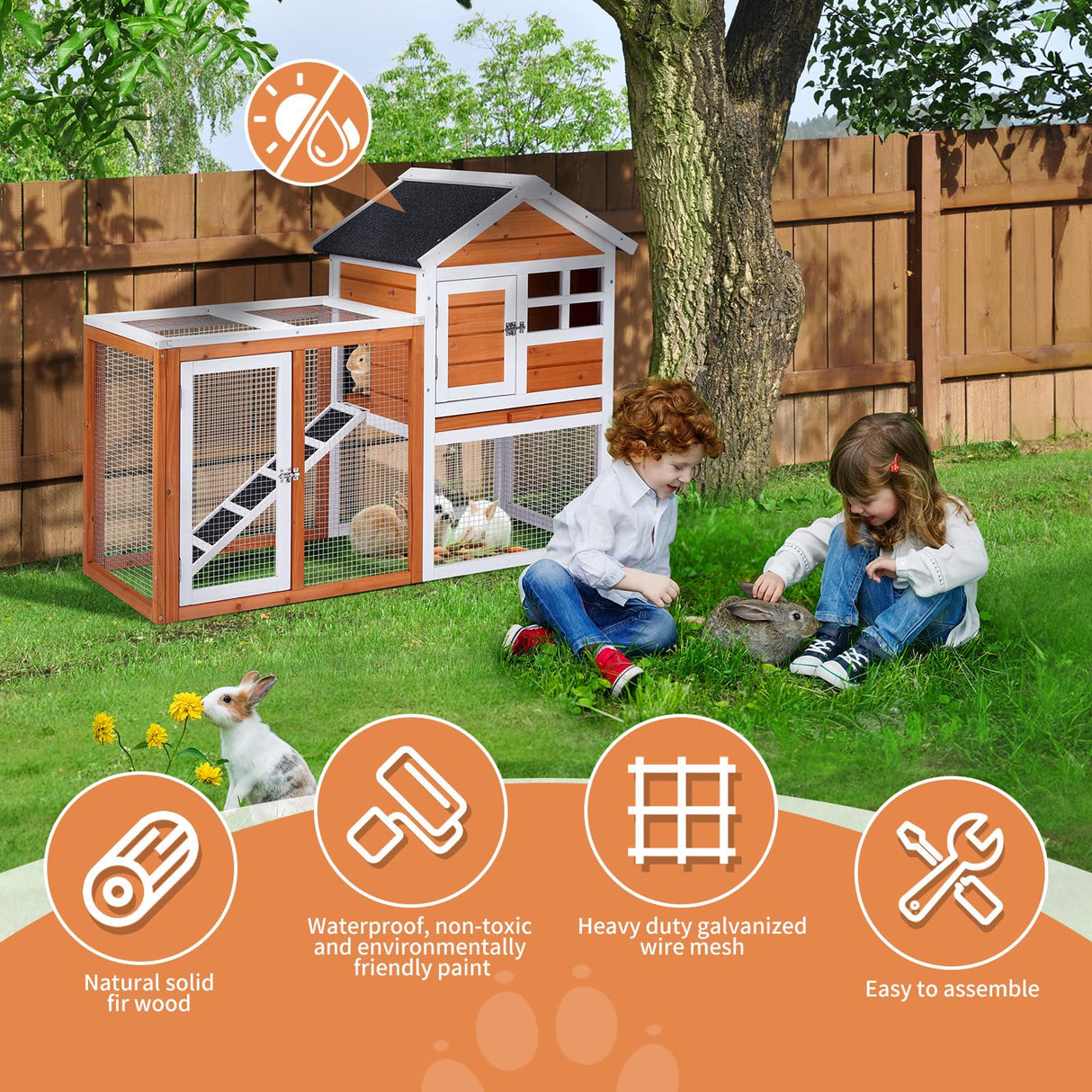 Outvita Rabbit Hutch, Small Wood Chicken Coop, 48" Guinea Pig Cage w/Pull-Out Tray, Waterproof Asphalt Roof, Chicken Run, Interactive Door for Small Animal Pen Outdoor Outvita