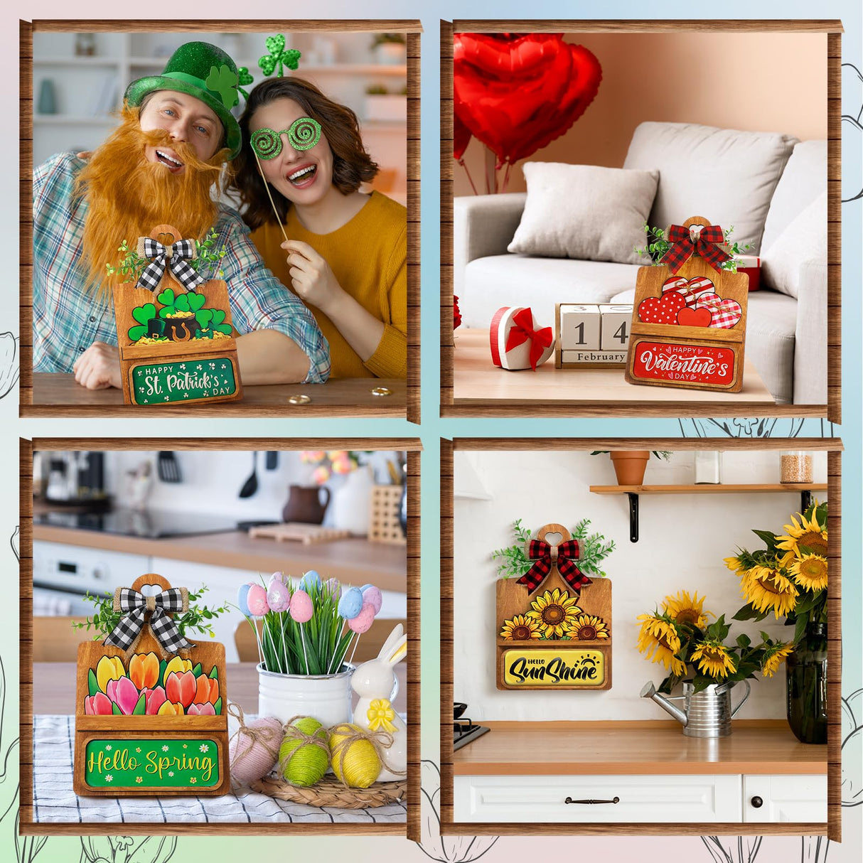 GlikCeil 37 Pcs Interchangeable Seasonal Decor Farmhouse Breadboard Interchangeable Seasonal Tier Tray Decor Holiday Halloween Thanksgiving Christmas Wooden Decoration with Bow for Table Kitchen GlikCeil