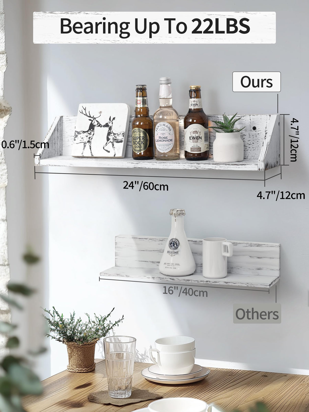 Gronda Kitchen Floating Shelves for Wall, Shabby Chic Wood Farmhouse Wall Mounted Shelf 2-Pack 24 Inches Whitewashed Shelves Hanging for Wall Gronda
