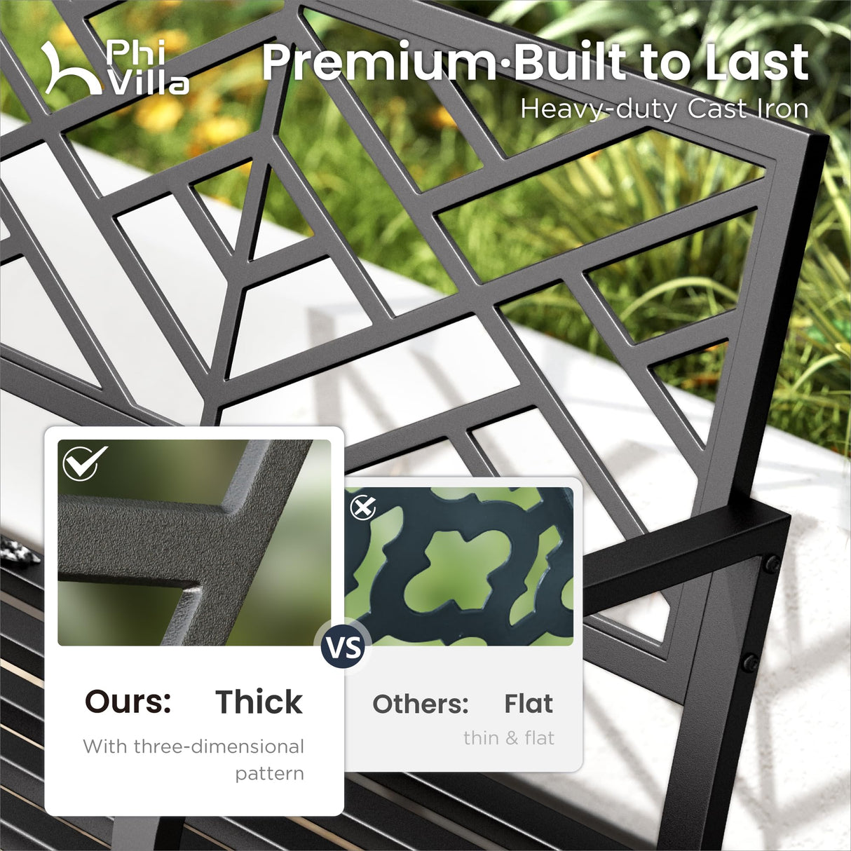 PHI VILLA 43 Inch Cast Iron Steel Frame Outdoor Garden Bench, Patio Furniture Chair Bench w/Line Pattern Design Backrest, Slatted Seat for Park, Yard, Porch - Black PHI VILLA