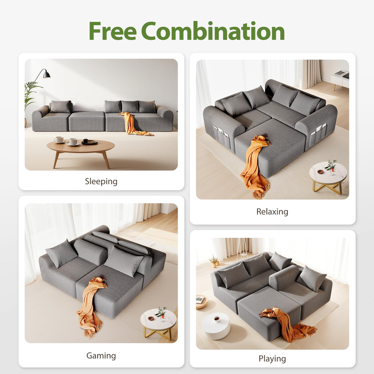 Decofy 105.5" Boneless Sofa for Living Room, Cloud Sectional Couch Ottoman & 4 Pillows, 4-Seater Comfy Compressed Sofa L Shaped Sectional Couch, No Assembly Required, 72h to Restore Decofy