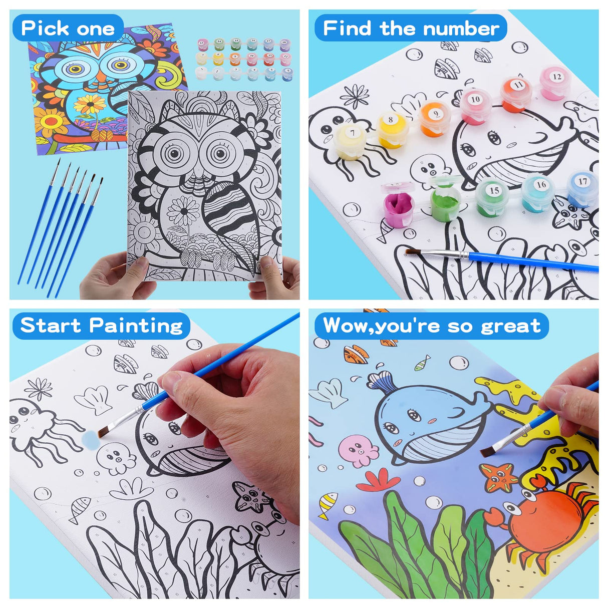 3 Pack Paint by Numbers Kit for Kids Ages 8-12, 10 * 8 inch Color by Number for Kid Framed Canvas with 18 Acrylic Paint Pots and 6 Brushes, Paint by Number, Arts and Crafts Art Supplies for Kids 9-12 Volmop