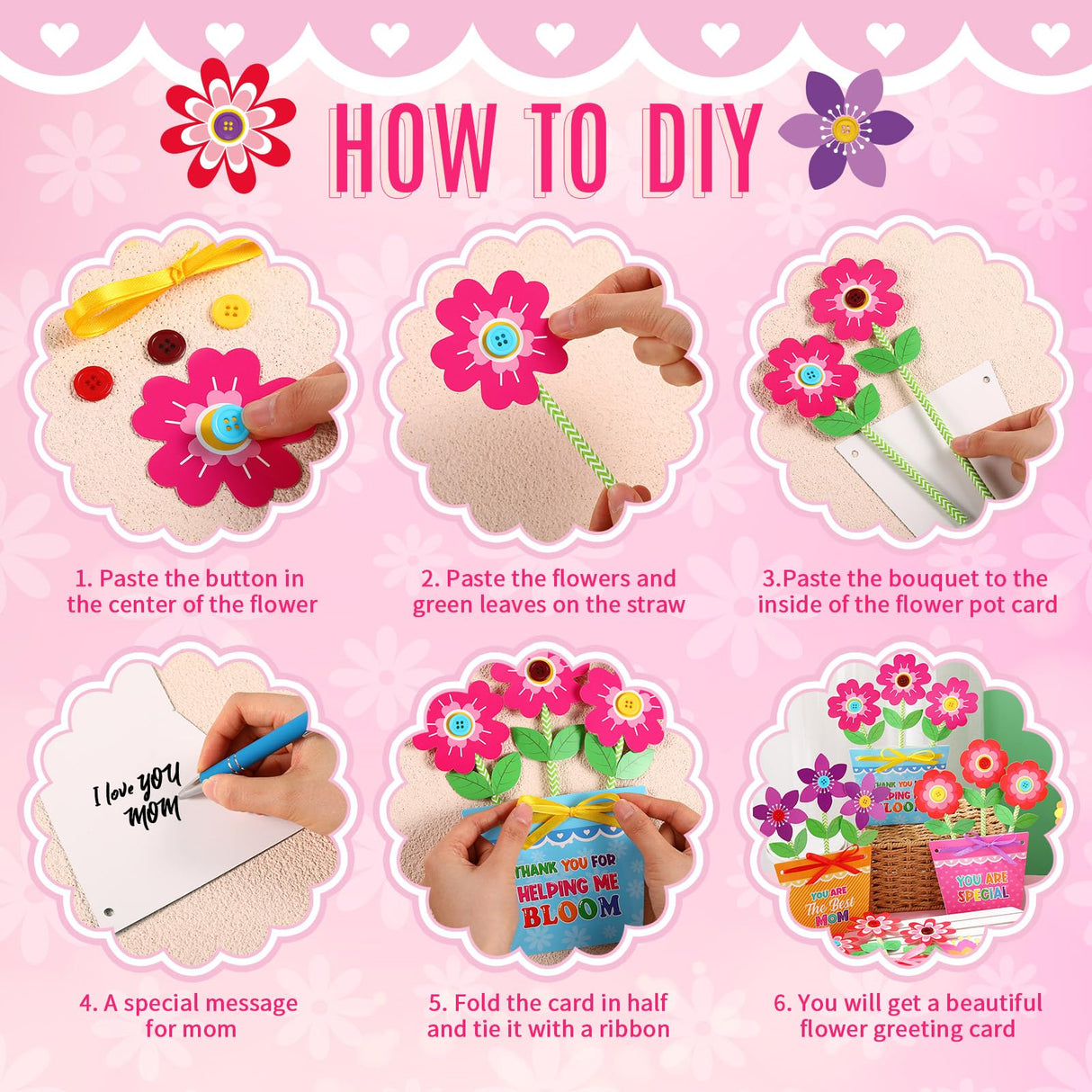 Kosiz 24 Sets Mother's Day Crafts Kit for Kids Flower Card Making Kit with Buttons Straws Ribbon DIY Flower Pot Handmade Greeting Card for Mother's Day Gift Home School Classroom Art Activities Kosiz