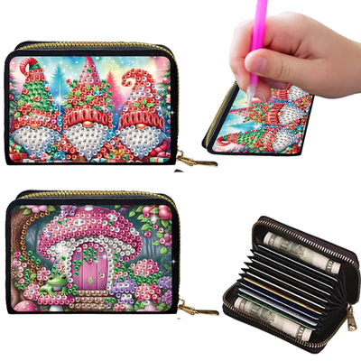 C'eitura 2PCS Tree House Gnome Diamond Art Painting Card Holder & Change Purse Set, Enchanted Forest RFID Blocking Wallet, Fairy Tale Compact Organizer with Zipper for Gnome Lovers