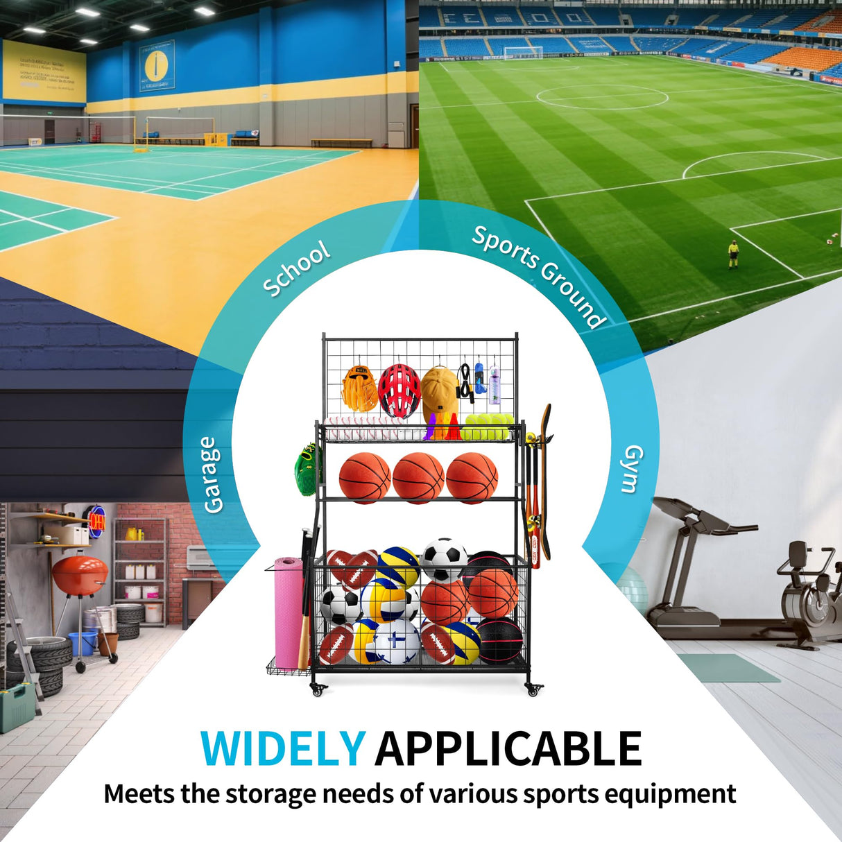 MUONM Sports Equipment Organizer,Garage Ball Storage Rack with Basketball Rack,Golf Bag Organizer Toy Sports Gear Storage with Hooks and Rolling Wheels Cart,Black MUONM