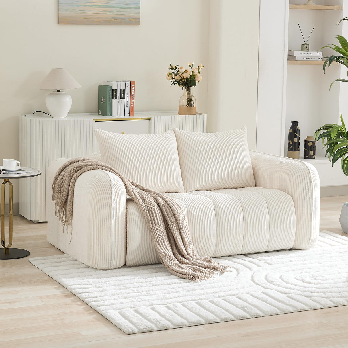 66'' Boneless Corduroy Loveseat Sofa, 2 Seater Tufted Deep Seat Couch with Rounded Armrest, Upholstered Cloud Couch for Living Room, Bedroom, No Assembly, White WUTUTUEE