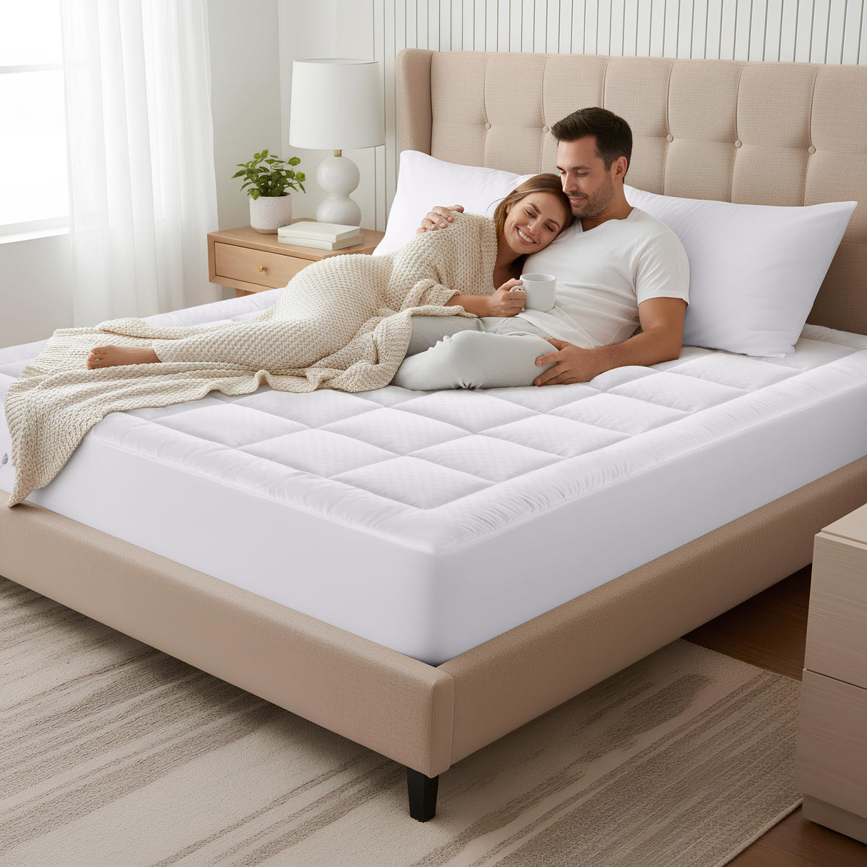 OLANLY Queen Quilted Fitted Mattress Pad – Soft Pillow Top Mattress Topper, Down Alternative Fill, Cooling Comfort Breathable Mattress Cover, Machine Washable Deep Pocket Mattress Protector, White OLANLY