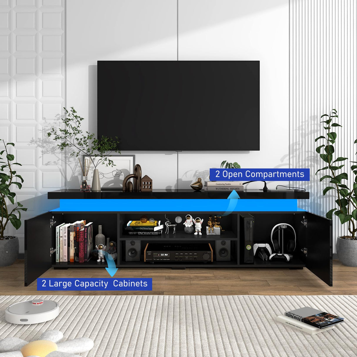 Hlivelood LED TV Stand for 75 Inch TV, Modern TV Stand with Power Outlet, High Gloss TV Console Entertainment Center with Storage and LED Lights for Living Room, Bedroom (66 Inch, Black) Hlivelood
