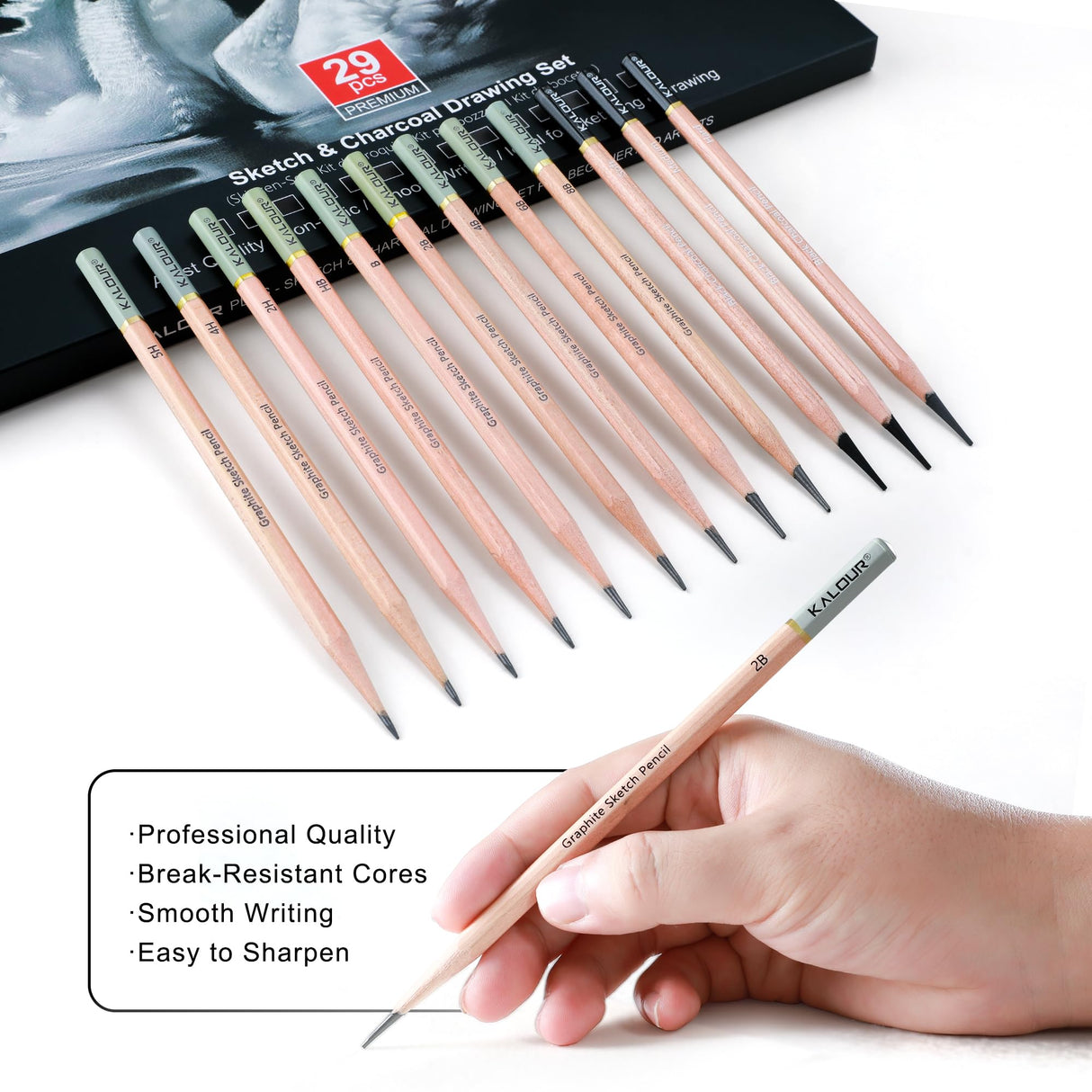 KALOUR 29 Pro Sketching Drawing Pencils Set with Roll-Up Nylon Case – 14 Graphite Pencils (14B–5H), Charcoal Pencils, Erasers, Sharpener & Stumps – Complete Art Kit for Artists & Beginner KALOUR
