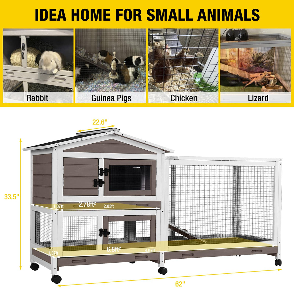 Aivituvin Rabbit Hutch 62" Rabbit Cage Indoor Outdoor Chicken Coop Guinea Pig Cage on Wheels Bunny Cage with 3 Deep No Leakage Pull Out Tray,Waterproof Roof (Brown) Aivituvin