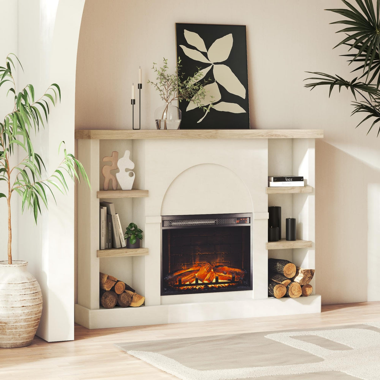 Mr. Kate Winston 56 Inch Electric Fireplace with Mantel, Replaceable Fireplace Insert Heater, Shelves, Remote Control, Timer, Realistic Log and Flame Effect, for Living Room or Bedroom, Plaster Mr. Kate
