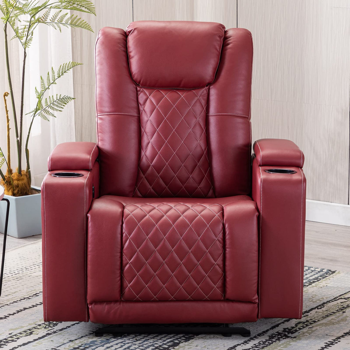 ANJ Electric Power Recliner Chair Soft Leather Reclining with USB Ports and Cup Holders, Red Home Theater Seating with Hidden Arm Storage Movie & Media Room Chairs ANJ