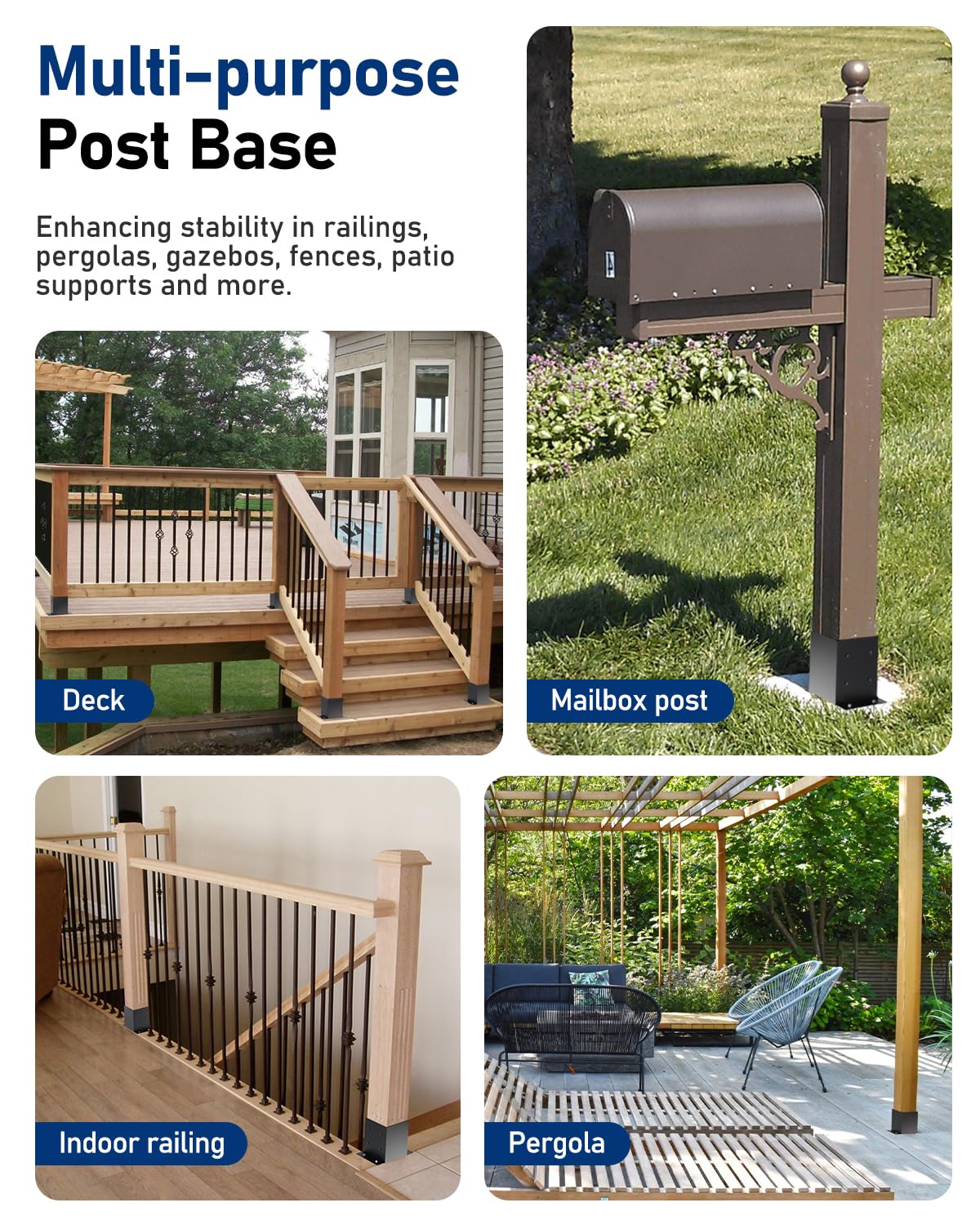 vikofan Heavy Duty 4x4 Post Base Kit - Black Powder-Coated Metal Post Brackets for 3.5"x3.5" Posts, Fit for Wood & Concrete Installations - Perfect for Deck, Fence, Mailbox, Pergola Supports (6-Pack) vikofan