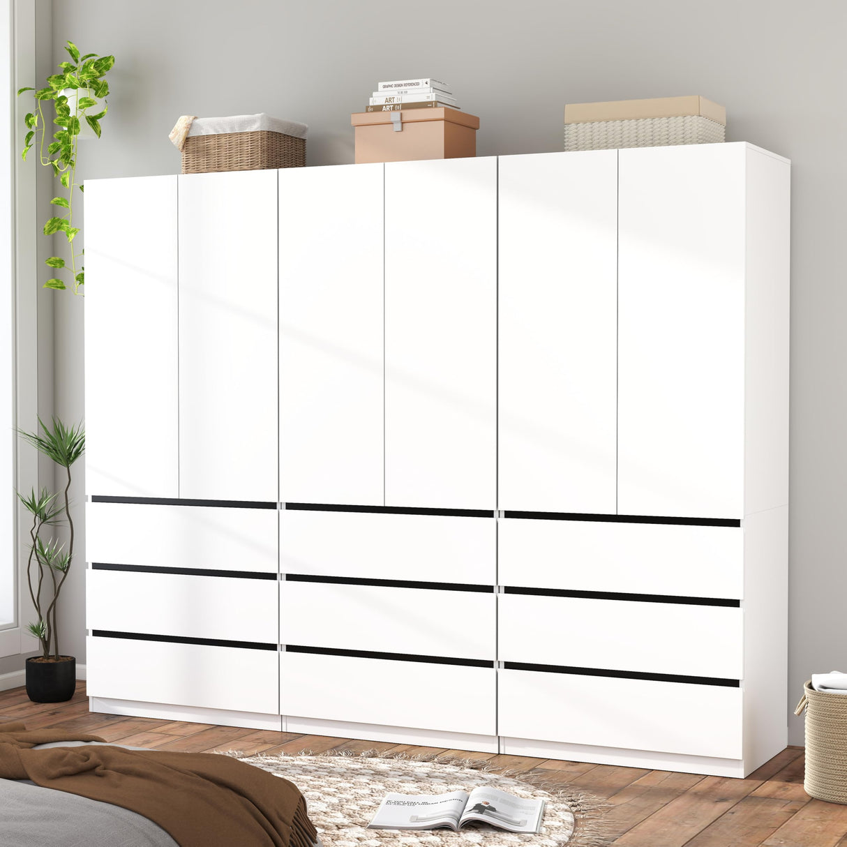 Mhsatyrs Armoire Wardrobe Closet with Drawers:75" Large White Wardrobe Closet Cabinet with 6 Doors for Hanging Clothes, Modern Wooden Bedroom Armoires with 9 Drawers and Storage (B+B+B, 94.5") Mhsatyrs