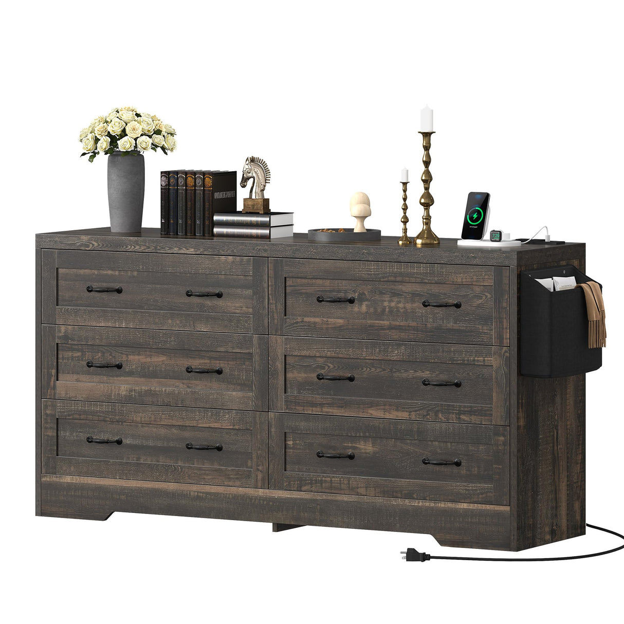 DWVO Farmhouse 6 Drawer Dresser for Bedroom, 60 Inch Large Modern Dresser TV Stand with Drawers & Bar Handles, Storage Dressers with Power Outlets, Rustic Wood Chest of Drawers, Rustic Oak DWVO