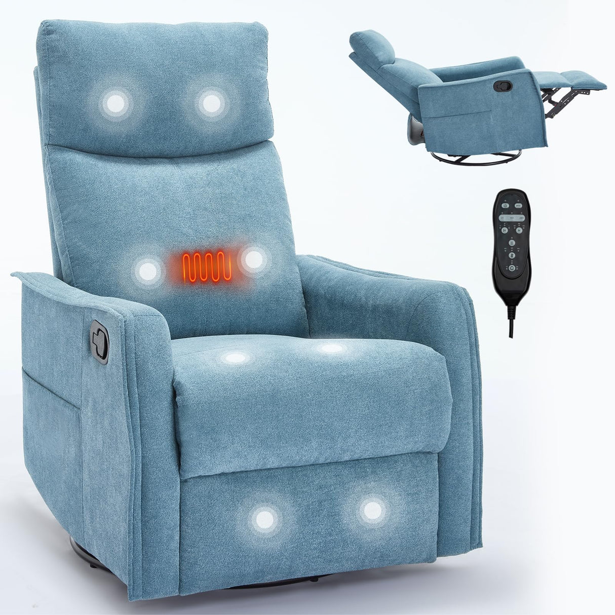Curtainboro Swivel Rocker Recliner Chair with Heat and Massage, 360° Swivel Recliner Upholstered Fabric Nursery Glider with Side Pocket for Living Room, Bedroom, Home Theater Blue Curtainboro